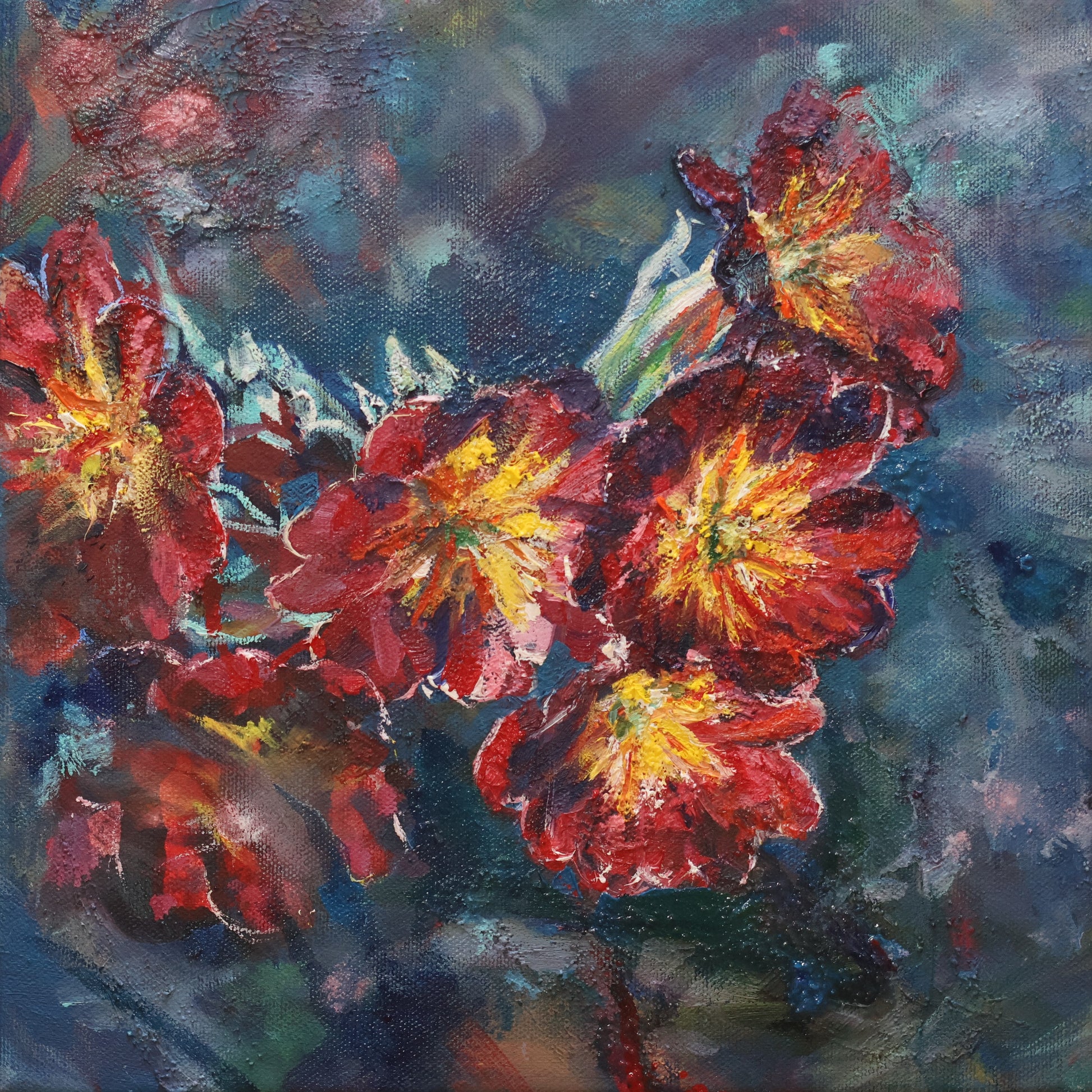 Zita Vevere small painting of red and yellow garden primroses