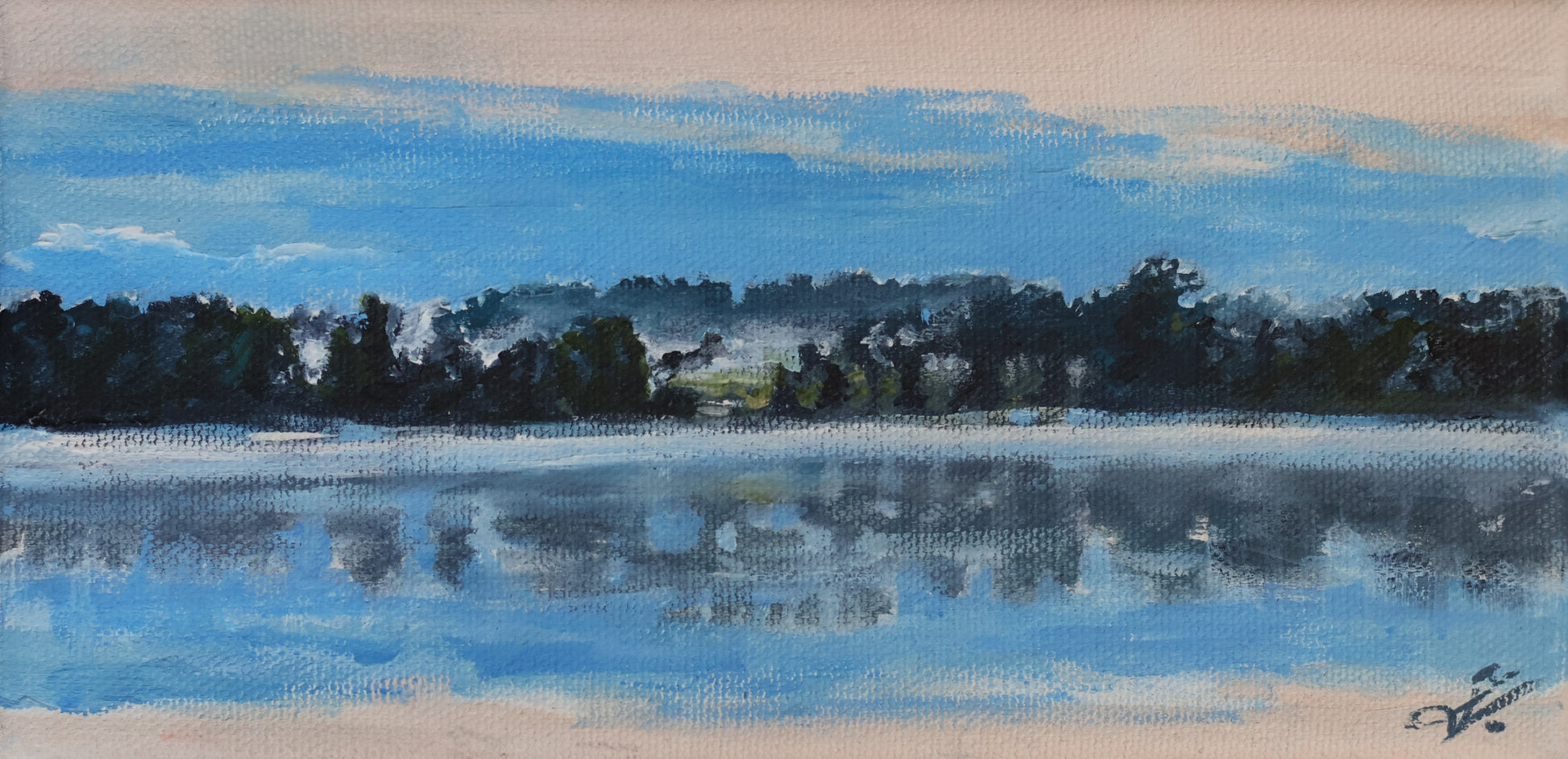 Zita Vevere small painting of a lake and surrounding forest before sunrise